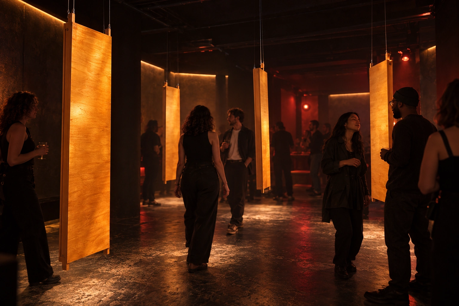 Installation visualisation of four AA DML panels with people between them
