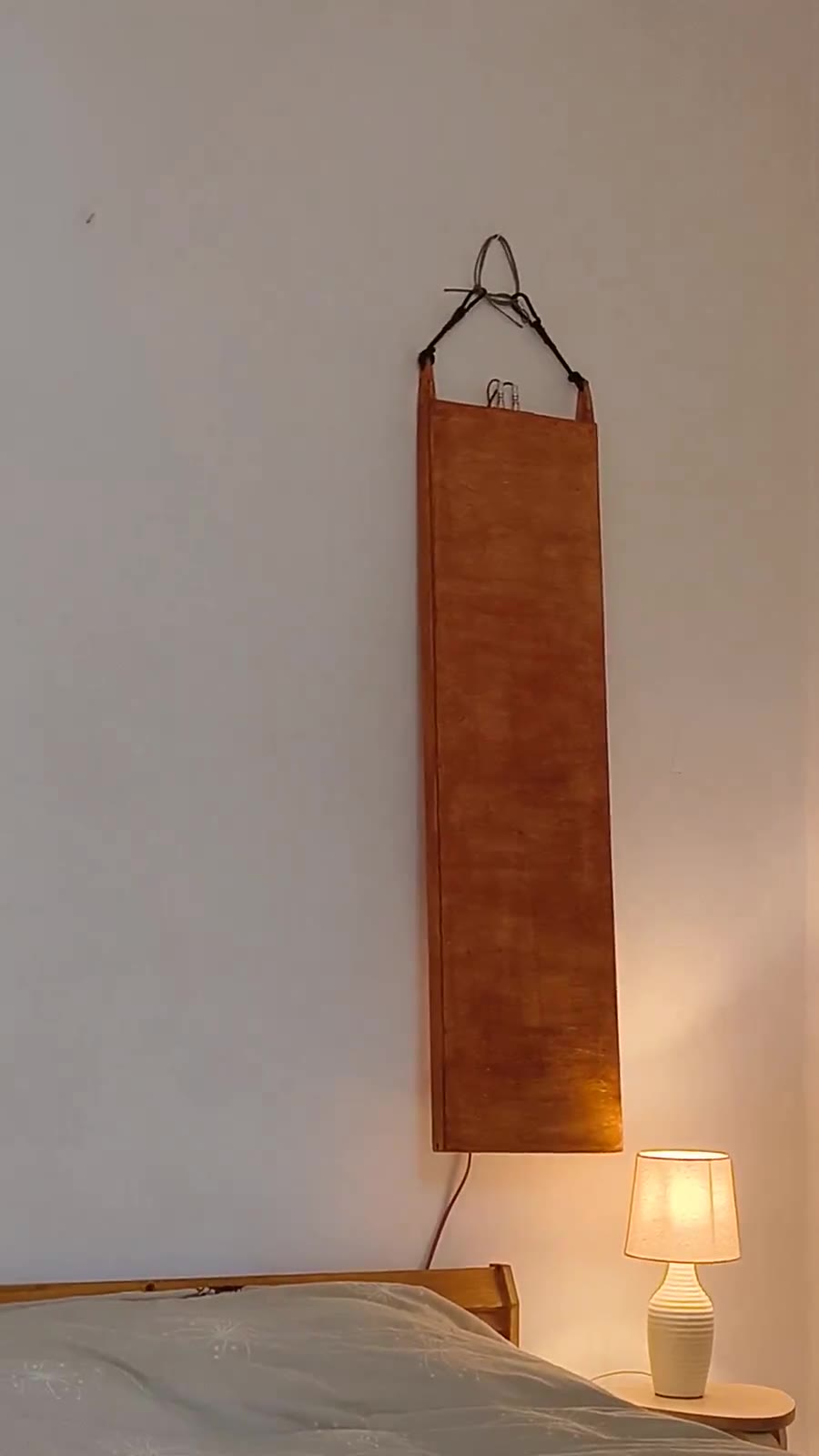 A single handmade panel speaker hanging on a wall