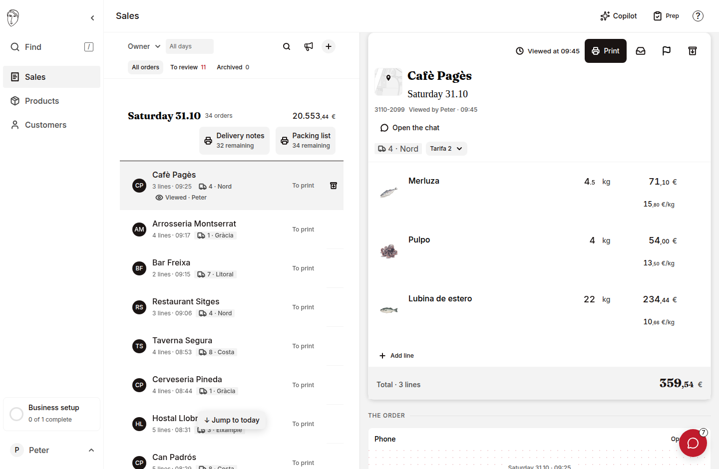 Rocoto sales workspace with an illustrated food catalogue and customer delivery note