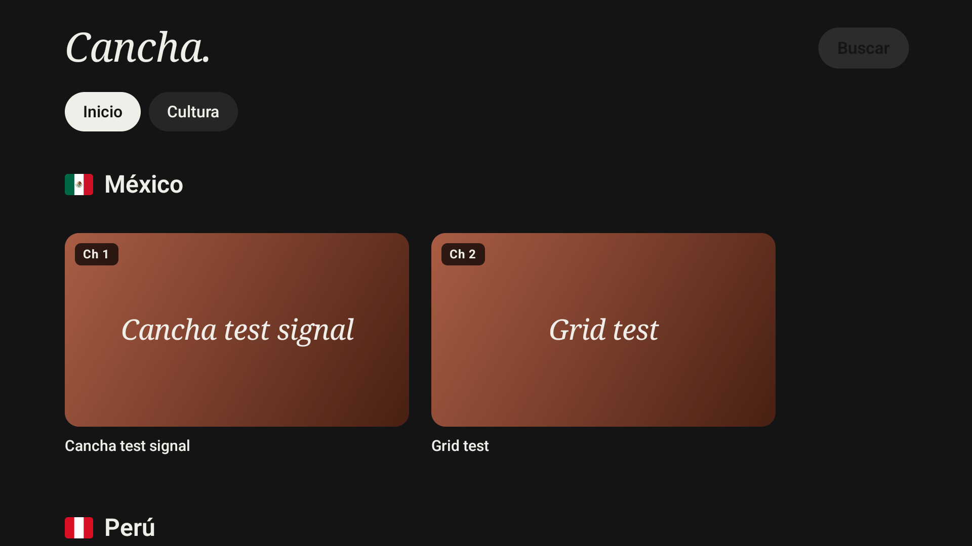 Cancha Android TV channel guide and playback of an authored test signal