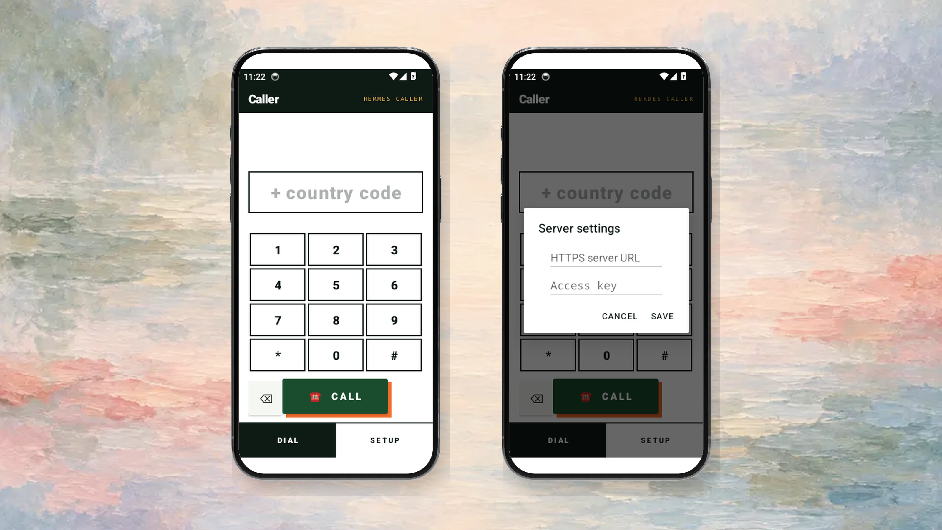 Hermes Caller’s Android dialer and server setup, shown in the shared phone frame