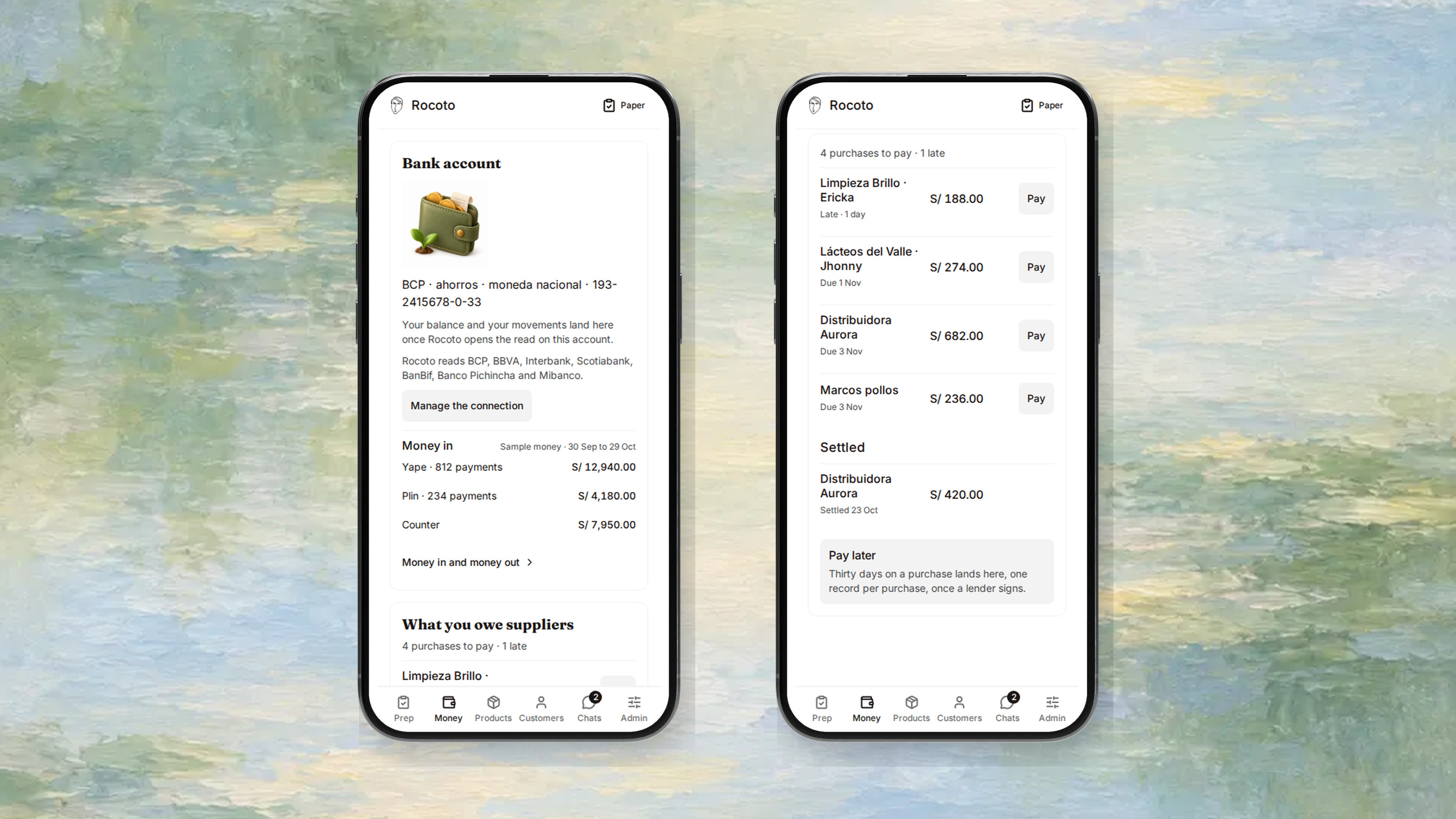 Rocoto Peru Money and supplier purchases in the original iPhone frame