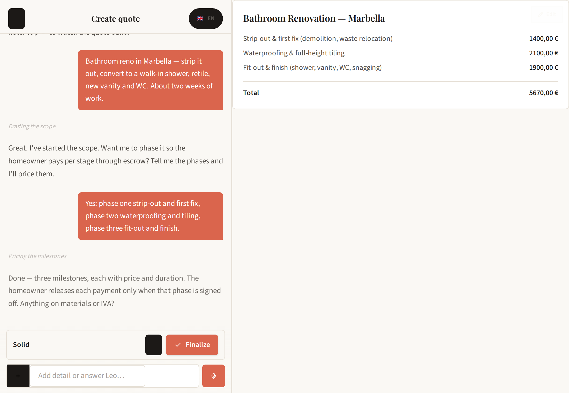 Leo.casa chat and editable quote in the scripted product walkthrough